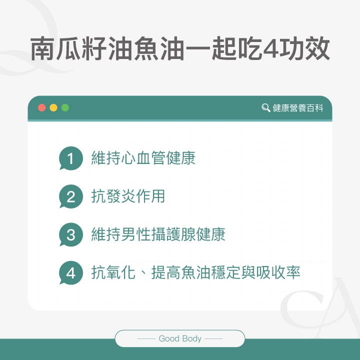 南瓜籽油魚油一起吃4功效：維持心血管健康、抗發炎作用、維持男性攝護腺健康、抗氧化、提高魚油穩定與吸收率