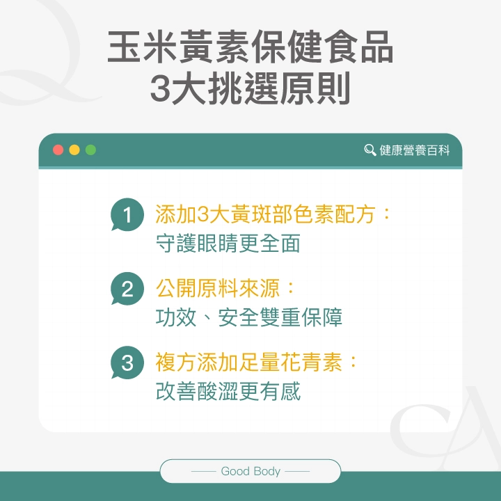 玉米黃素保健食品3大挑選原則：添加3大黃斑部色素配方：守護眼睛更全面、公開原料來源：功效、安全雙重保障、複方添加足量花青素：改善酸澀更有感