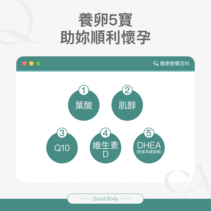 養卵五寶助妳順利懷孕,包括:1. 葉酸、2. 肌醇、3. Q10、4. 維生素D、5. DHEA(脫氫異雄固酮)。