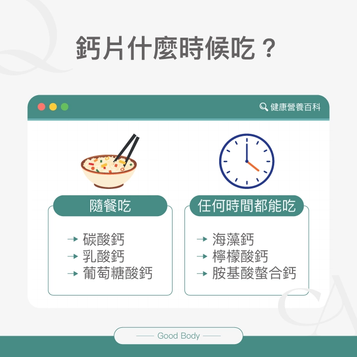 鈣片什麼時候吃？   隨餐吃：碳酸鈣、乳酸鈣、葡萄糖酸鈣   任何時間都能吃：海藻鈣、檸檬酸鈣、胺基酸螯合鈣