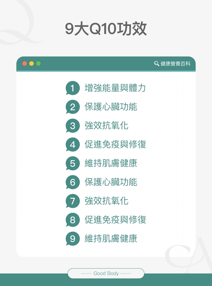 Q10功效:增強能量與體力、保護心臟功能、強效抗氧化、促進免疫與修復、維持肌膚健康。
