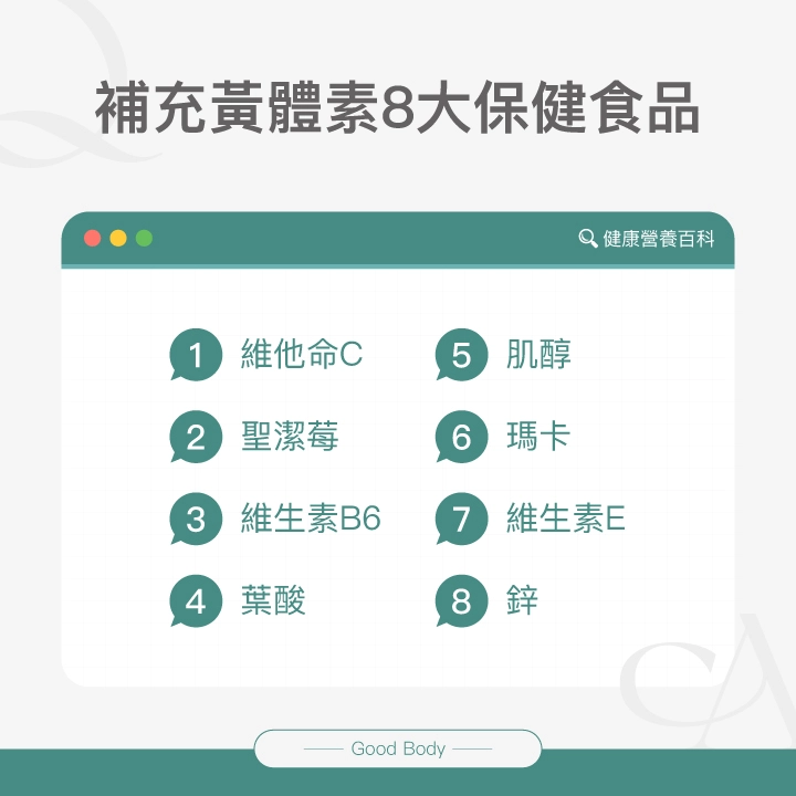 補充黃體素8大保健食品：維他命C、聖潔莓、維生素B6、葉酸、肌醇、瑪卡、維生素E、鋅