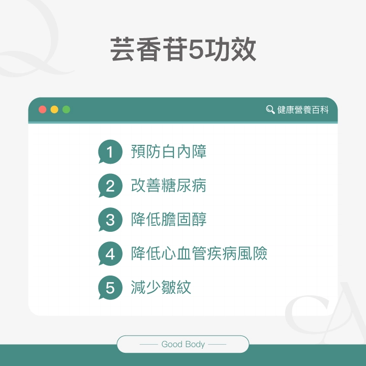 芸香苷5功效:預防白內障、改善糖尿病、降低膽固醇、降低心血管疾病風險、減少皺紋。