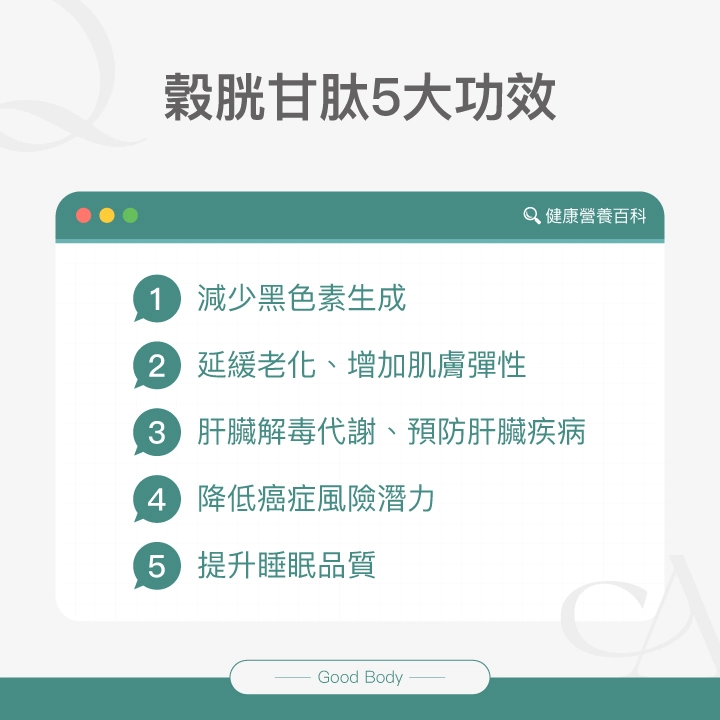 穀胱甘肽5大功效：減少黑色素生成、延緩老化、增加肌膚彈性、肝臟解毒代謝、預防肝臟疾病、降低癌症風險潛力、提升睡眠品質