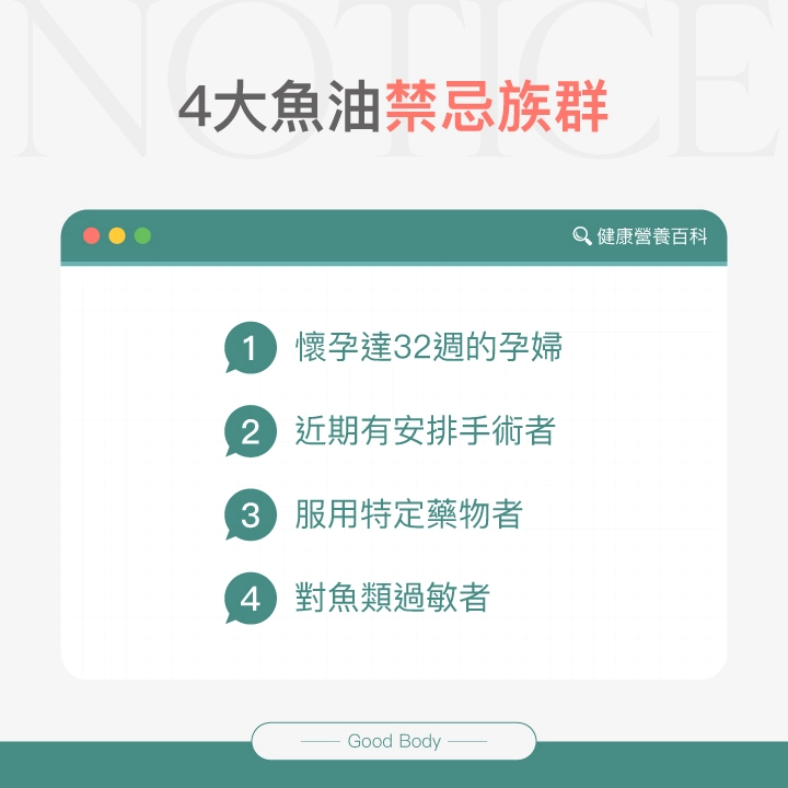 4大魚油禁忌族群：懷孕達32週的孕婦、近期有安排手術者、服用特定藥物者、對魚類過敏者