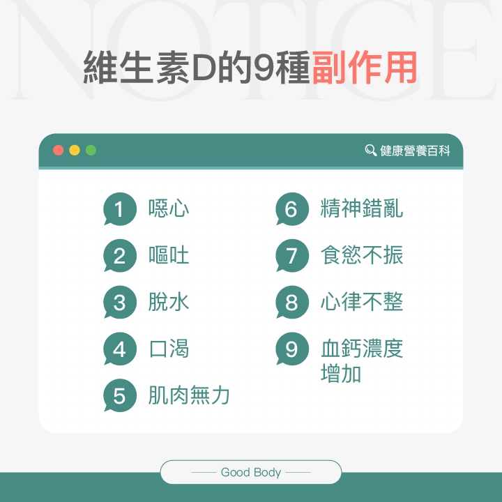 維生素D的9種副作用：噁心、嘔吐、脫水、口渴、肌肉無力、精神錯亂、食慾不振、心律不整、血鈣濃度增加