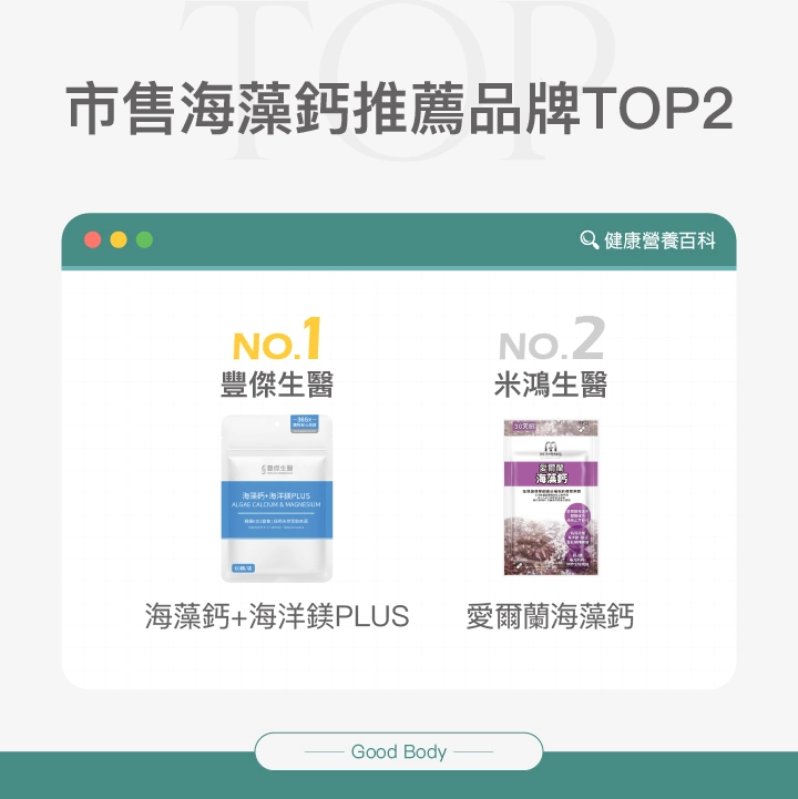 市售海藻鈣推薦品牌Top2:【豐傑生醫】海藻鈣+海洋鎂PLUS、【米鴻生醫】愛爾蘭海藻鈣