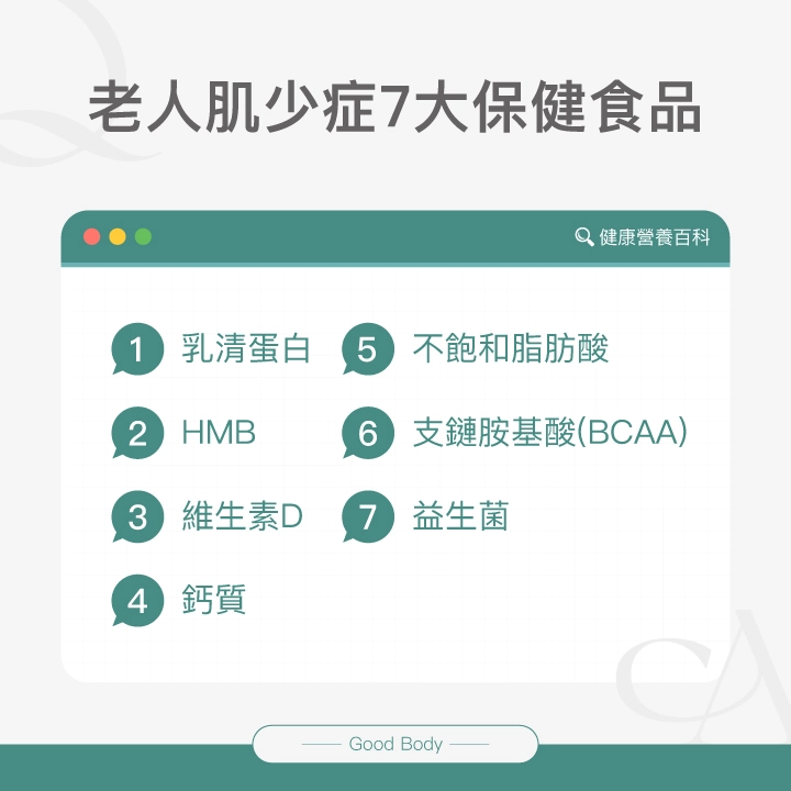 老人肌少症7大保健食品：乳清蛋白、HMB、維生素D、鈣質、不飽和脂肪酸、支鏈胺基酸（BCAA）、益生菌