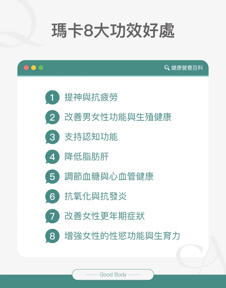 瑪卡8大功效好處:提升抗疲勞、改善男女生殖功能、支持認知能力、降低脂肪肝、促進血糖與心血管健康、抗氧化抗發炎、改善更年期症狀、提升女性性功能與生育力。