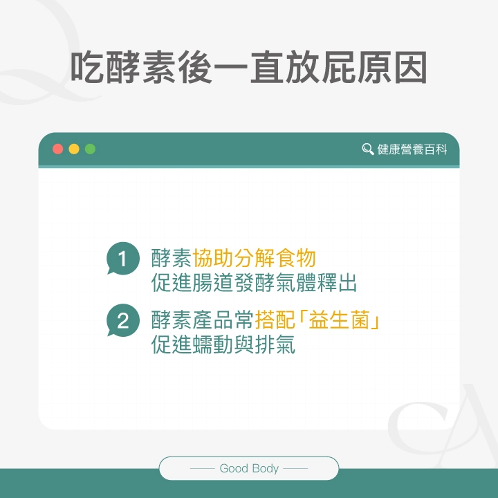 吃酵素後一直放屁原因:酵素分解食物產氣、酵素搭配益生菌促進蠕動與排氣