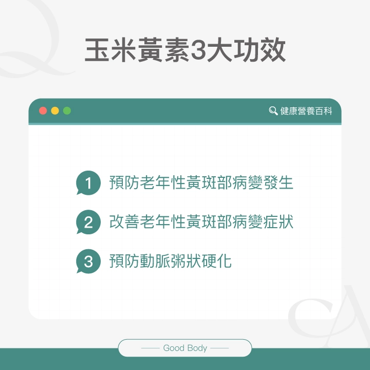 玉米黃素3大功效：預防老年性黃斑部病變發生、改善老年性黃斑部病變症狀、預防動脈粥狀硬化