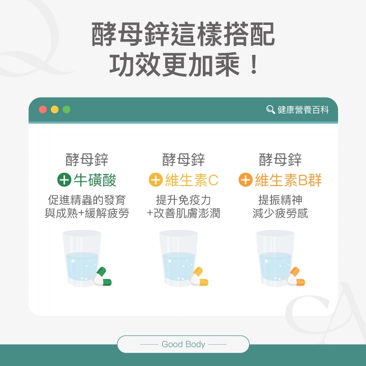 酵母鋅這樣搭配，功效更加乘：牛磺酸(促進精蟲的發育與成熟+緩解疲勞)、維生素C(提升免疫力+改善肌膚澎潤)、維生素B群(提振精神、減少疲勞感)