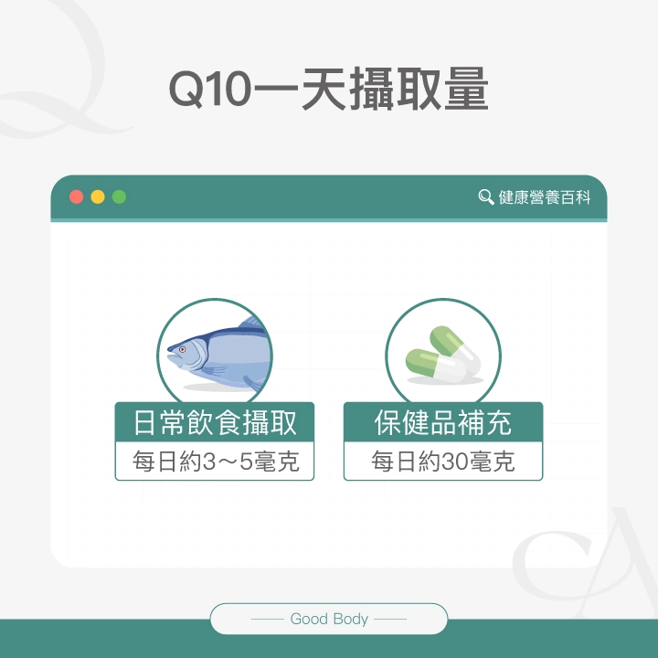 Q10建議攝取量:日常飲食攝取每日約3~5毫克,保健品補充每日約30毫克。