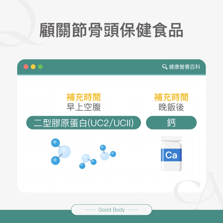 顧關節骨頭保健食品：二型膠原蛋白（UC2/UCII）、鈣