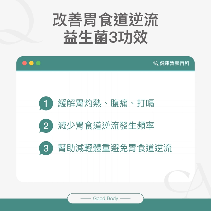 改善胃食道逆流，益生菌3功效：緩解胃灼熱、腹痛、打嗝、減少胃食道逆流發生頻率、幫助減輕體重避免胃食道逆流