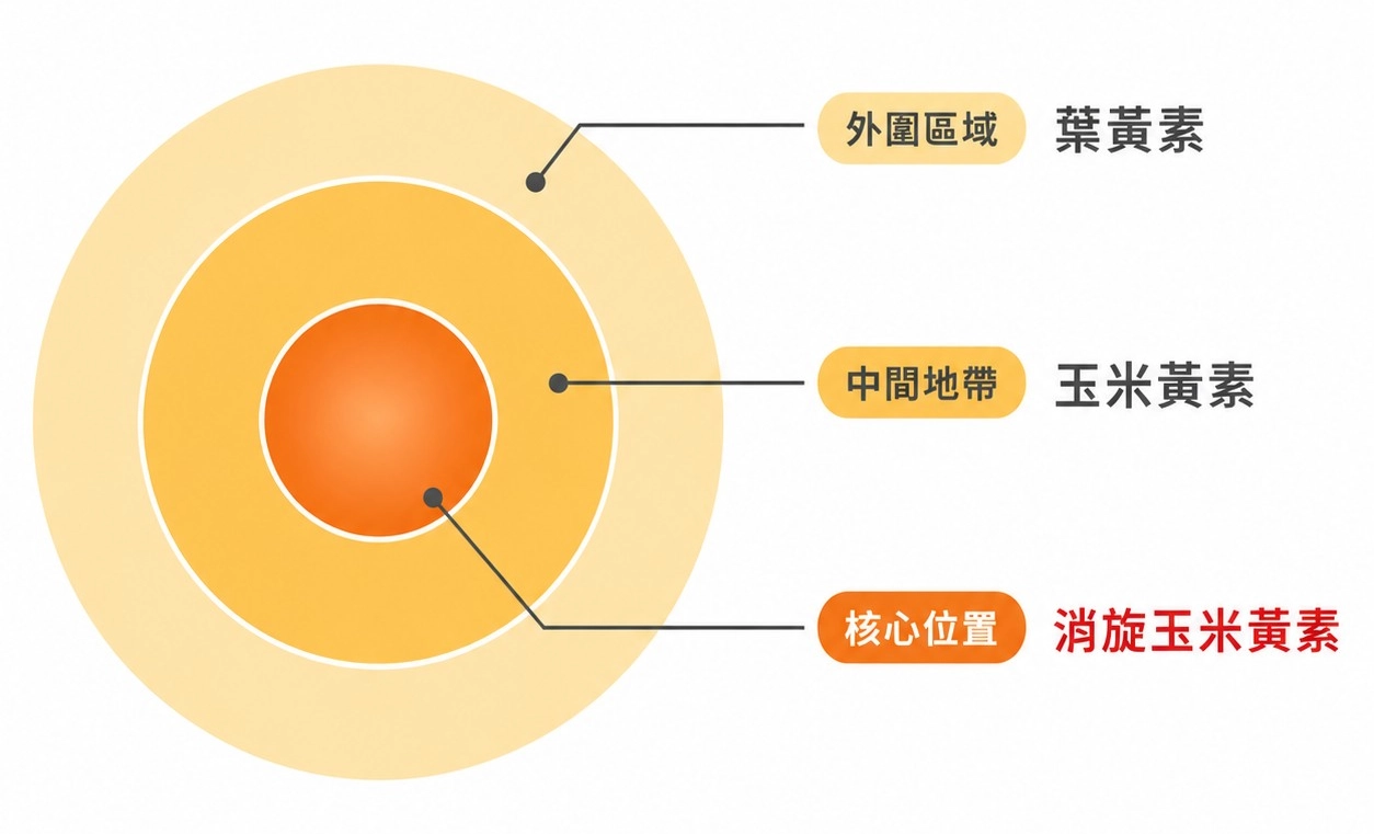 消旋玉米黃素集中在黃斑部核心的位置，能減少光線對眼睛造成的負擔